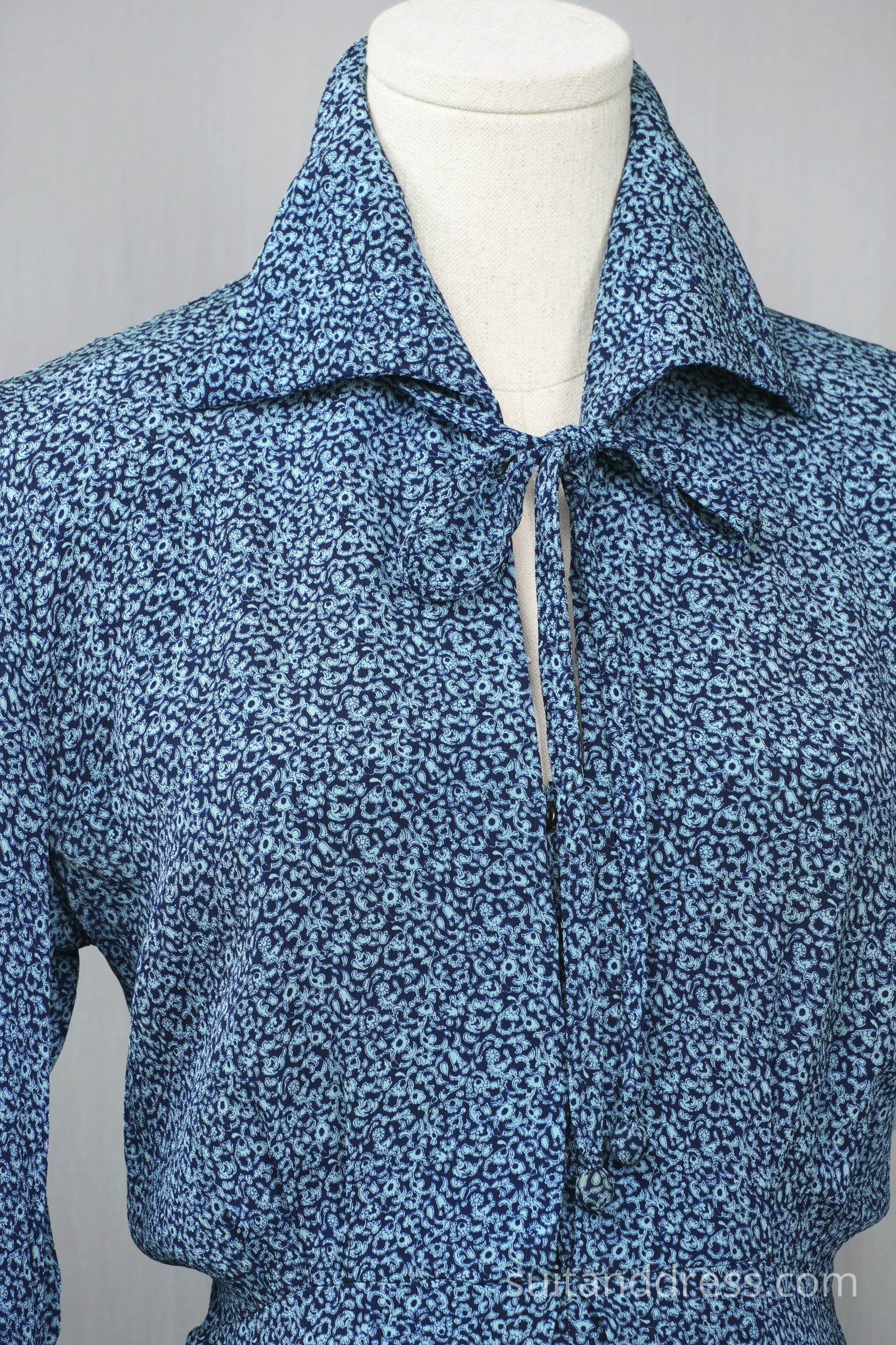 1930s silk day dress printed blue faux two-piece look vintage costume rental hire for films in Riga Latvia