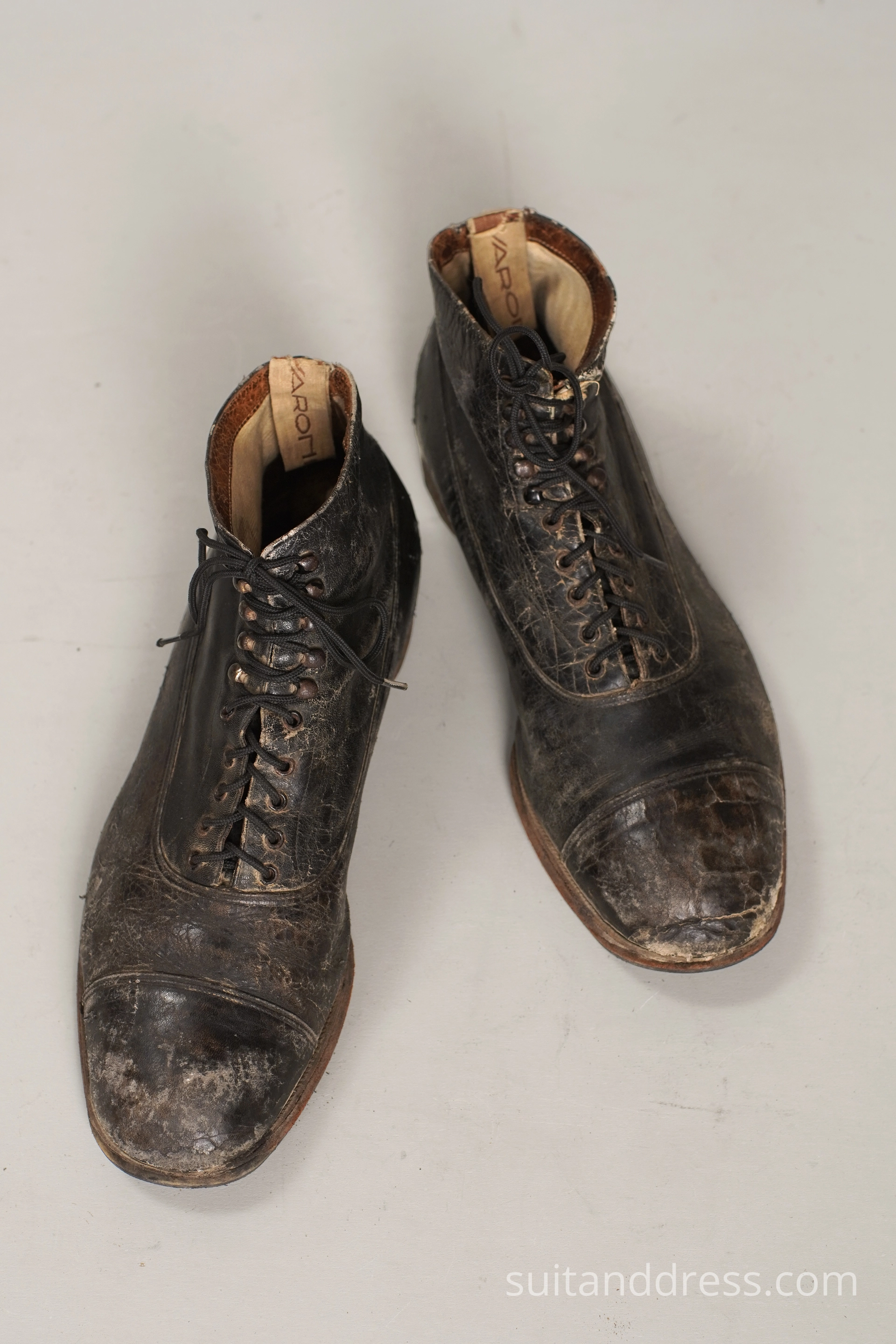 Edwardian ankle boots, worn out distressed 1910s 1920s 1930s 1940s mens fashion historical costume rent in Riga