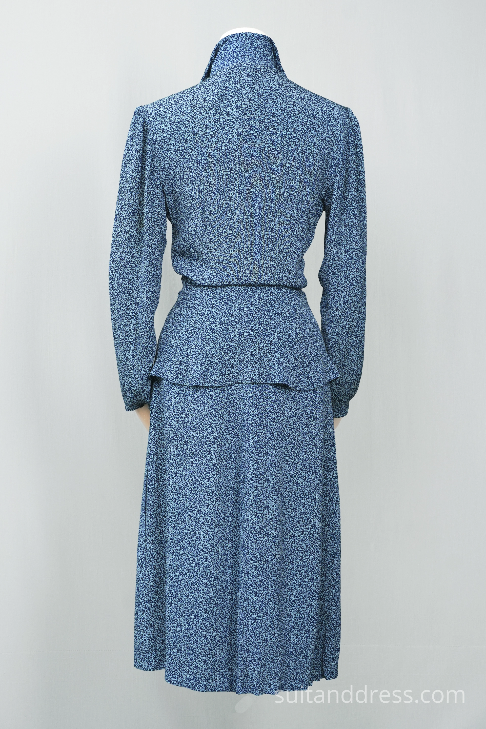 1930s silk day dress printed blue faux two-piece look vintage costume rental hire for films in Riga Latvia