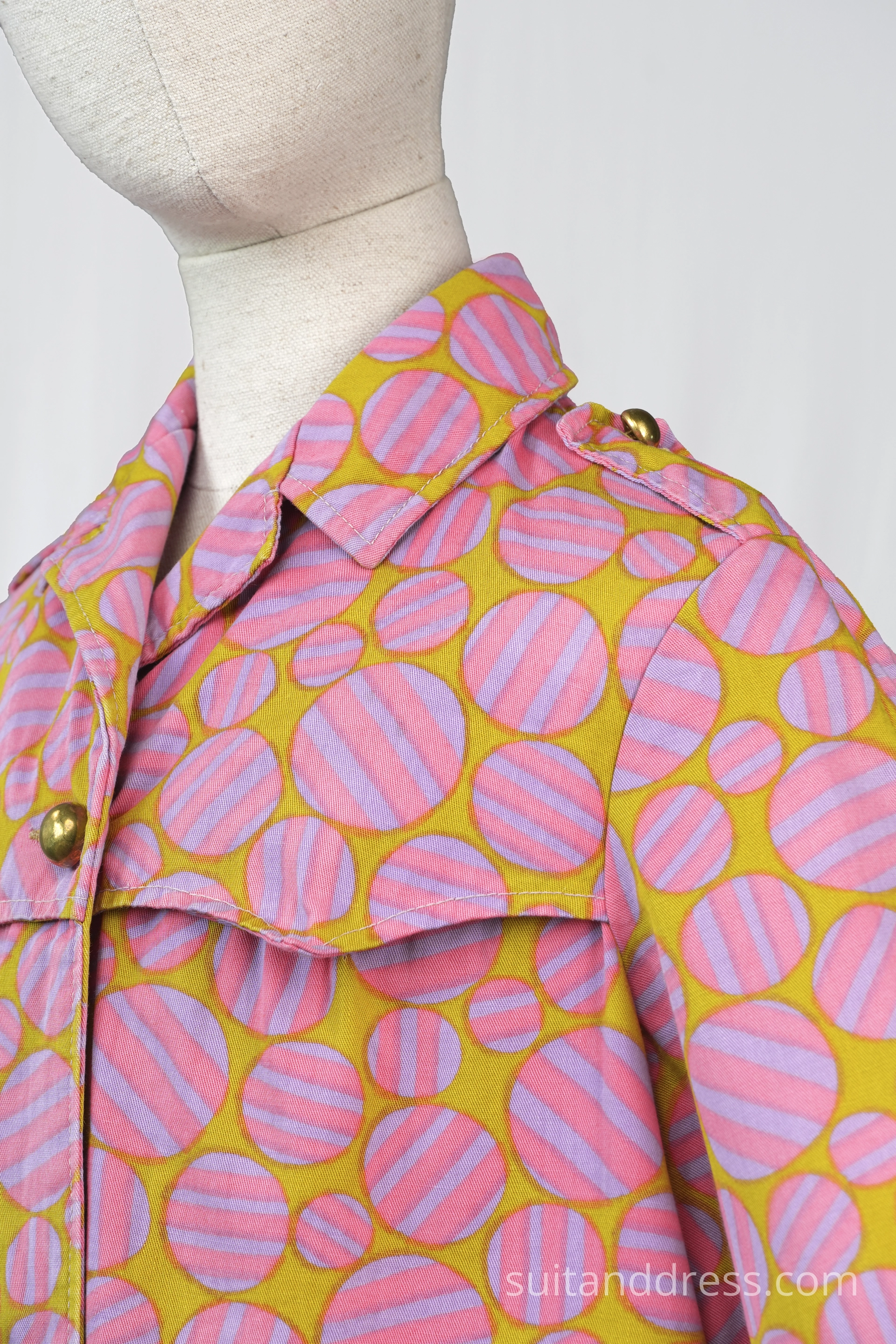1970s vibrant print girls trench coat spring fashion mood style wardrobe hire for production costume rental for films in Riga Latvia