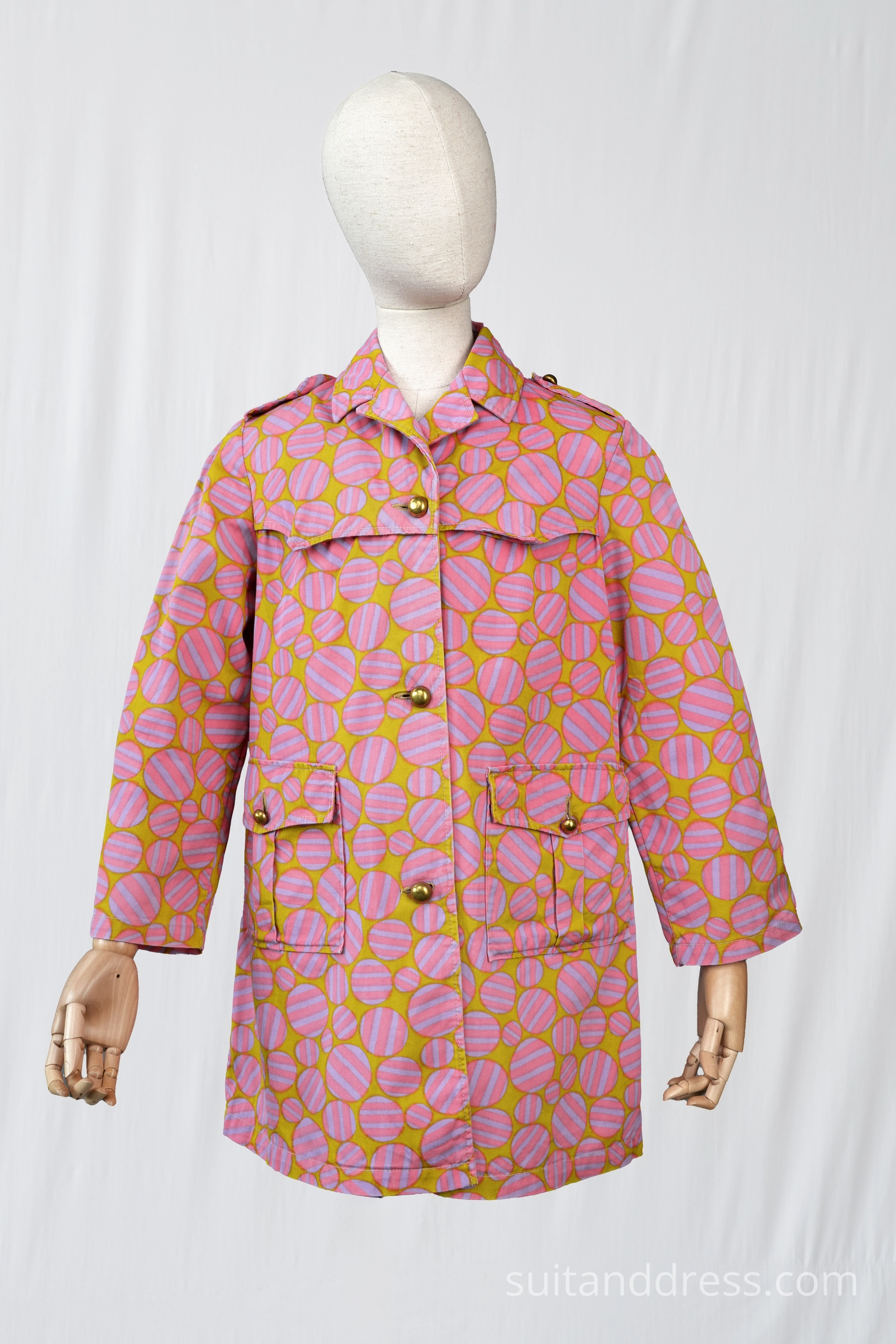 1970s vibrant print girls trench coat spring fashion mood style wardrobe hire for production costume rental for films in Riga Latvia