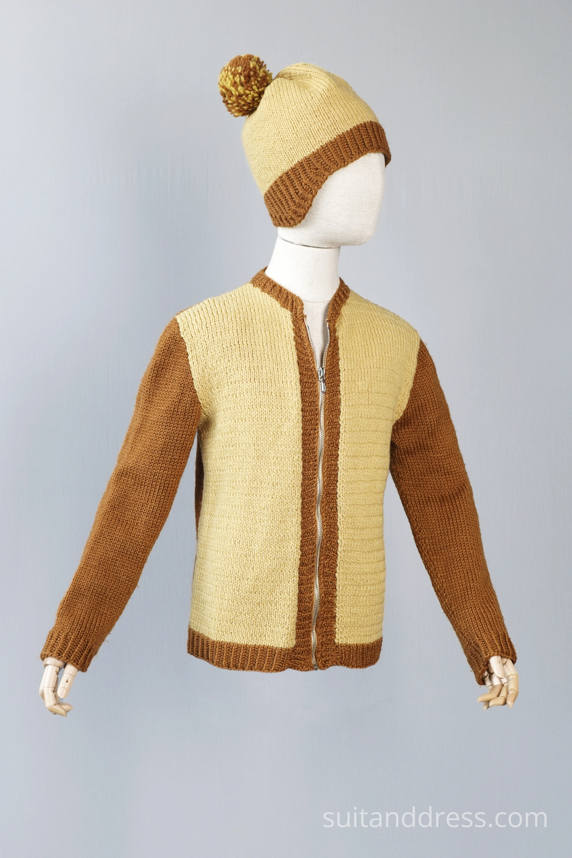 Mid century kids knitted set cardigan and beanie vintage costume rental for films in Riga