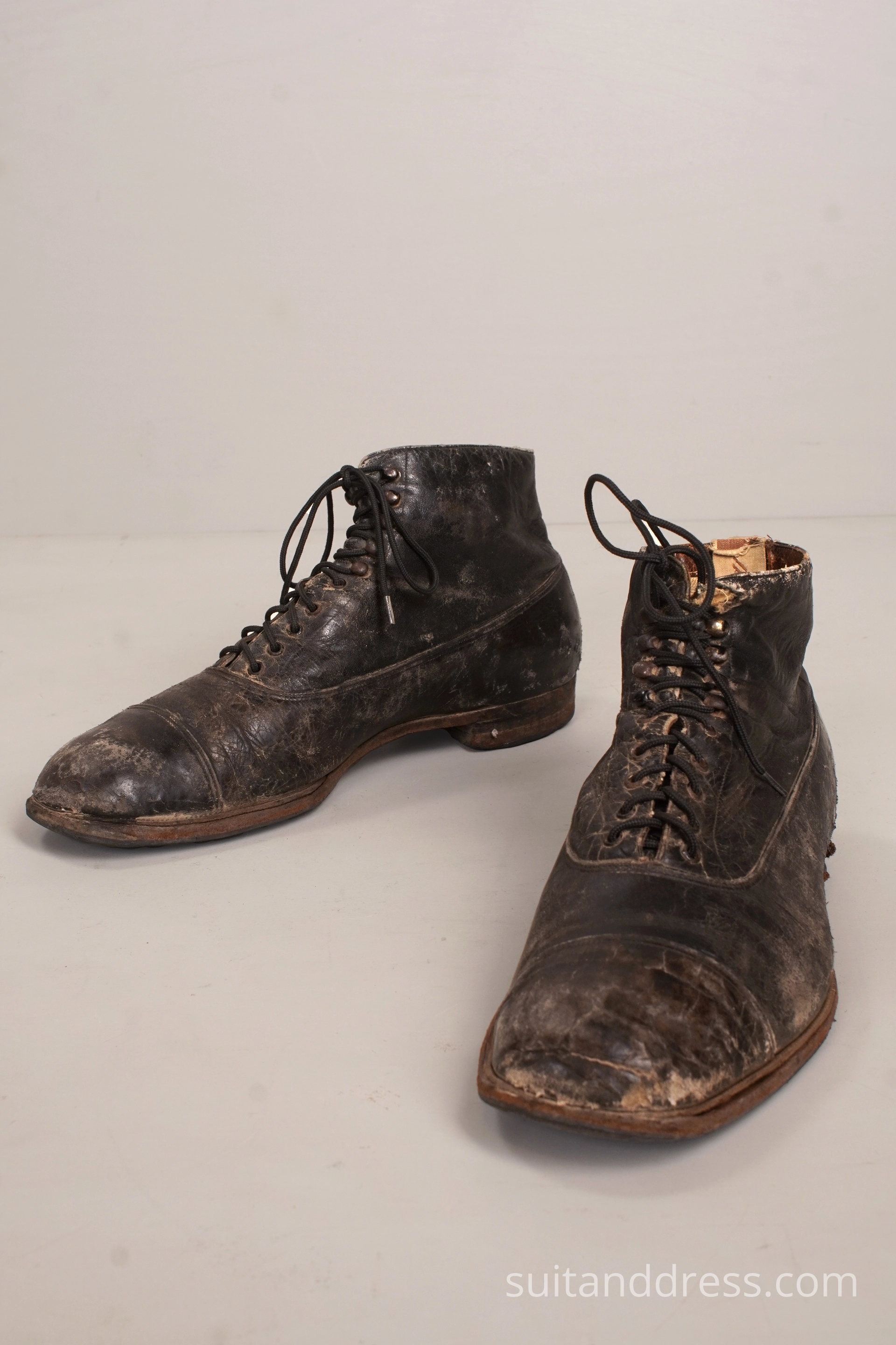 Edwardian ankle boots, worn out distressed 1910s 1920s 1930s 1940s mens fashion historical costume rent in Riga