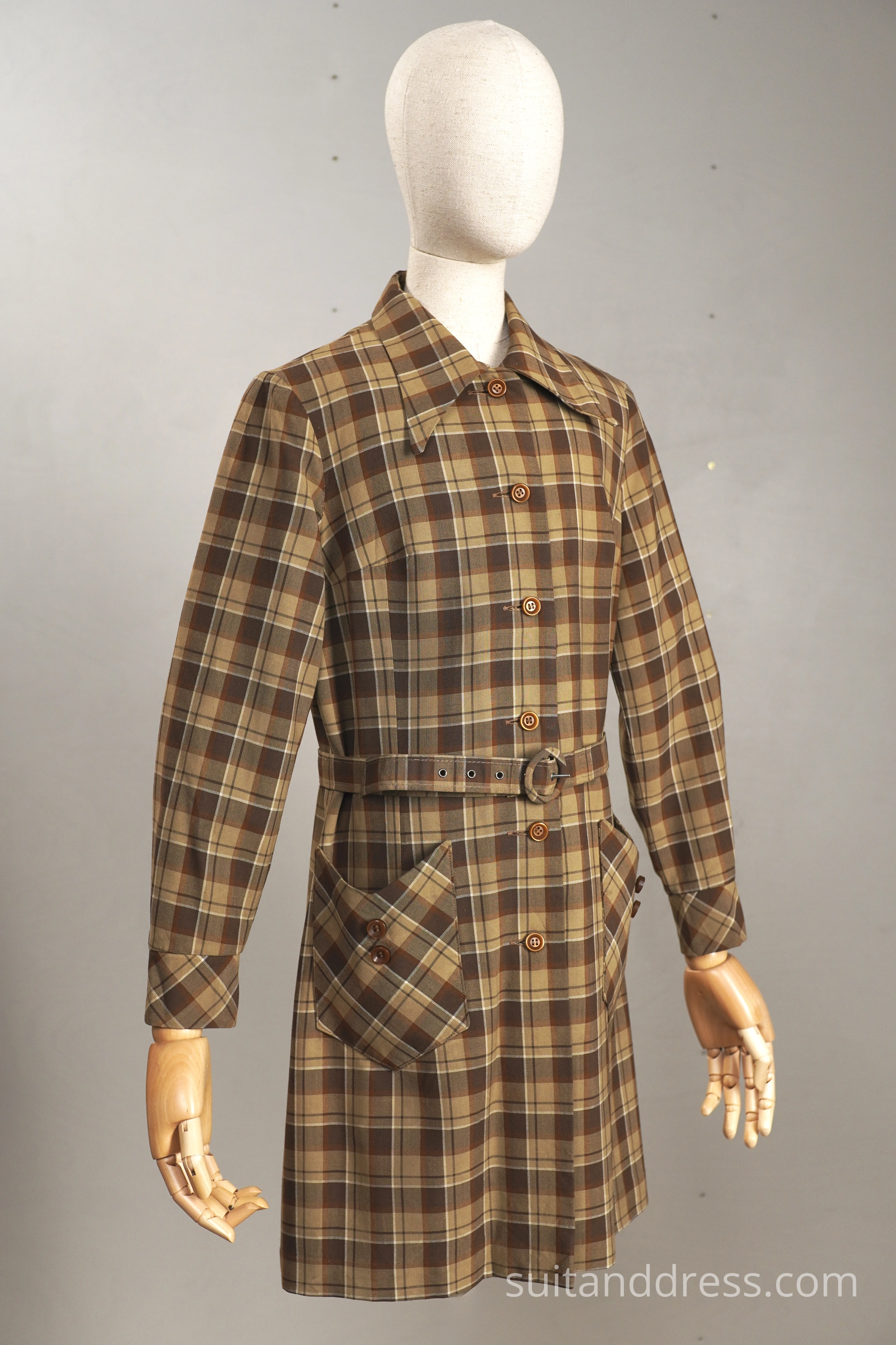 1960s girls trench coat wool blend brown plaid costume rent