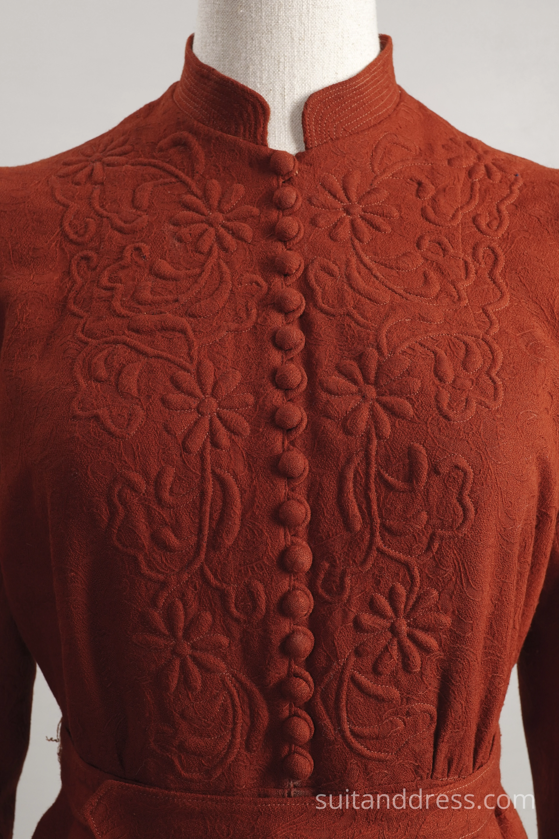 1940s trapunto wool dress in rust