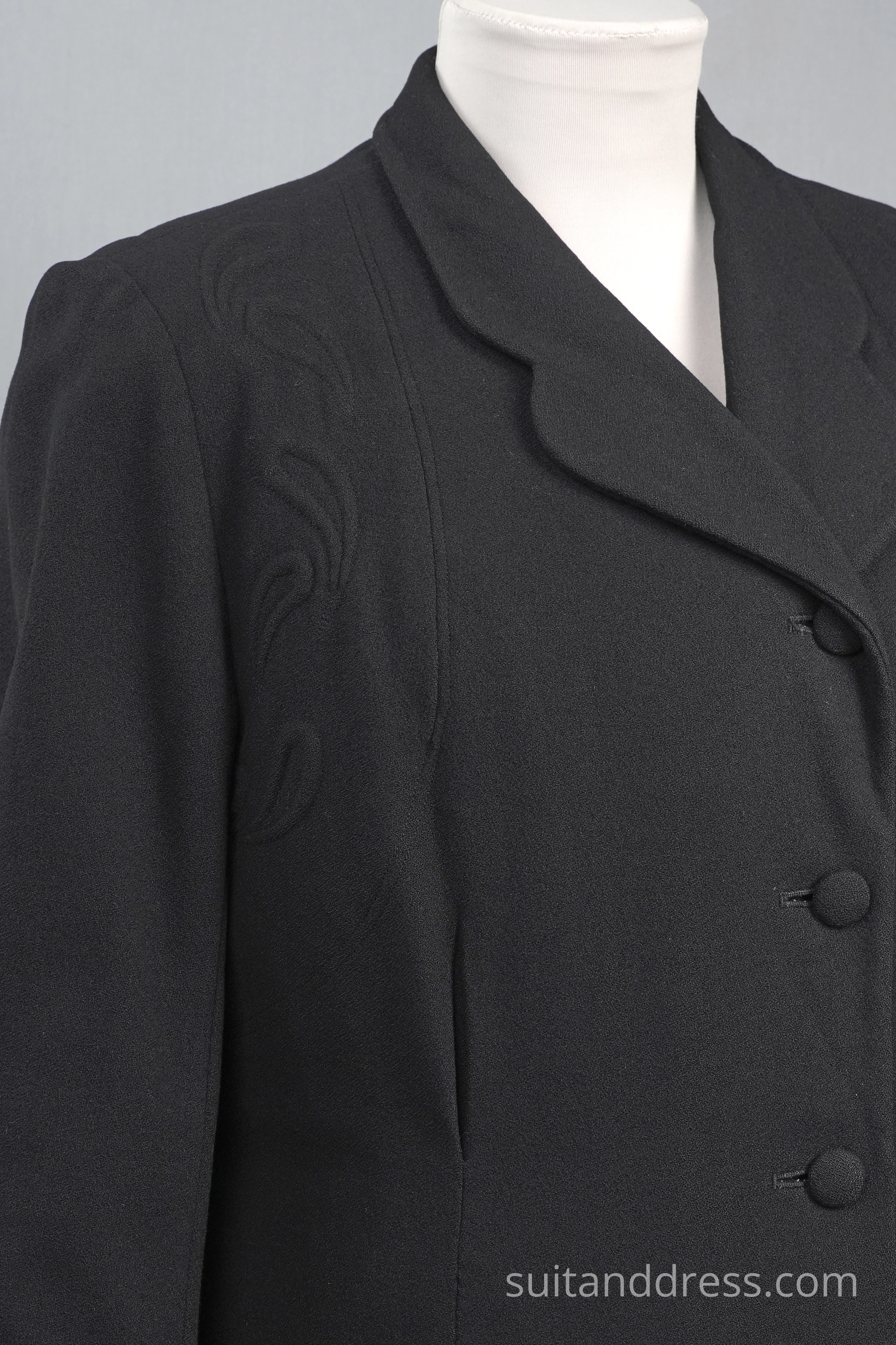 1940s black crepe trapunto ladies coat vintage costume rent Riga Latvia