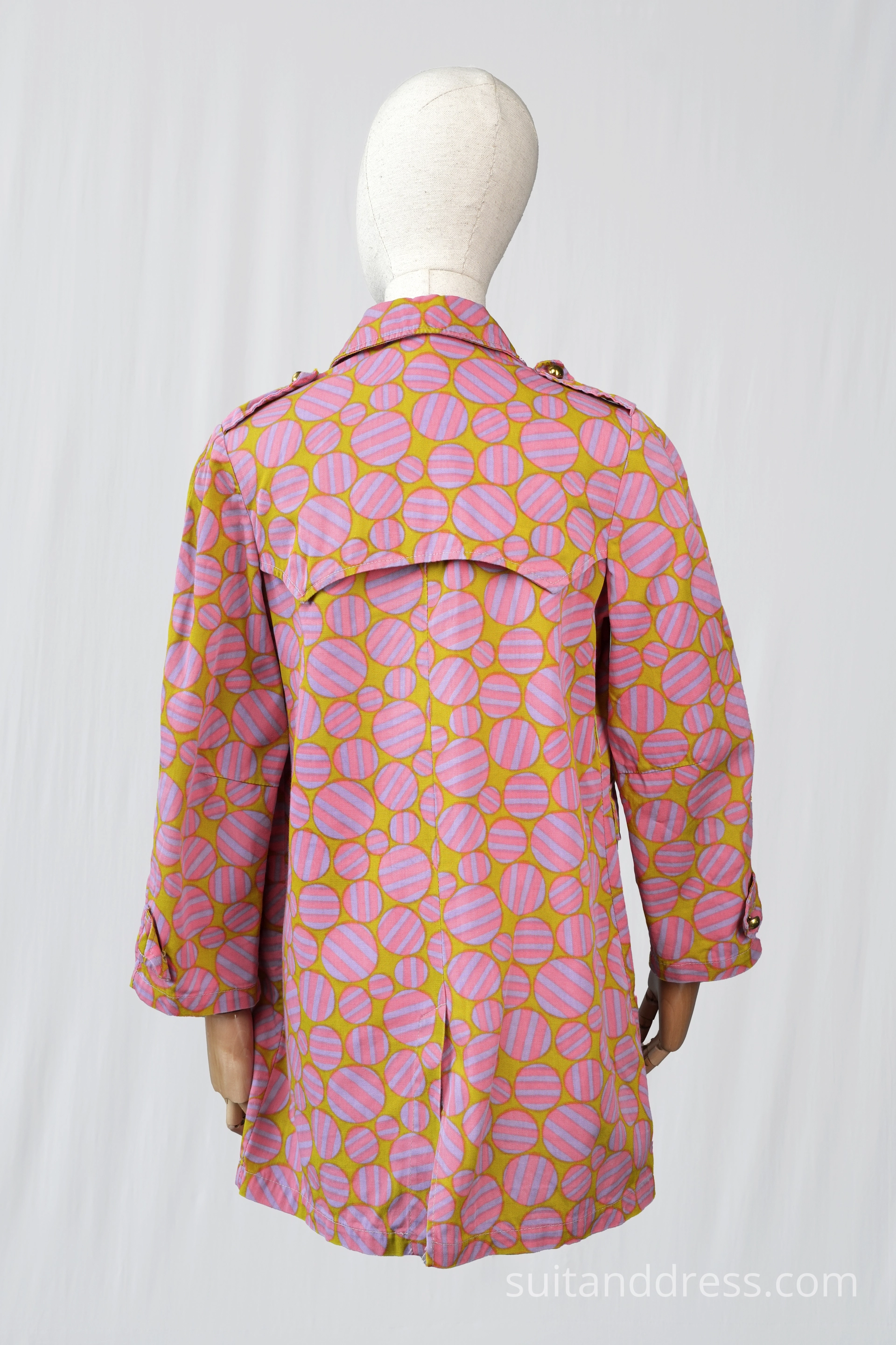 1970s vibrant print girls trench coat spring fashion mood style wardrobe hire for production costume rental for films in Riga Latvia