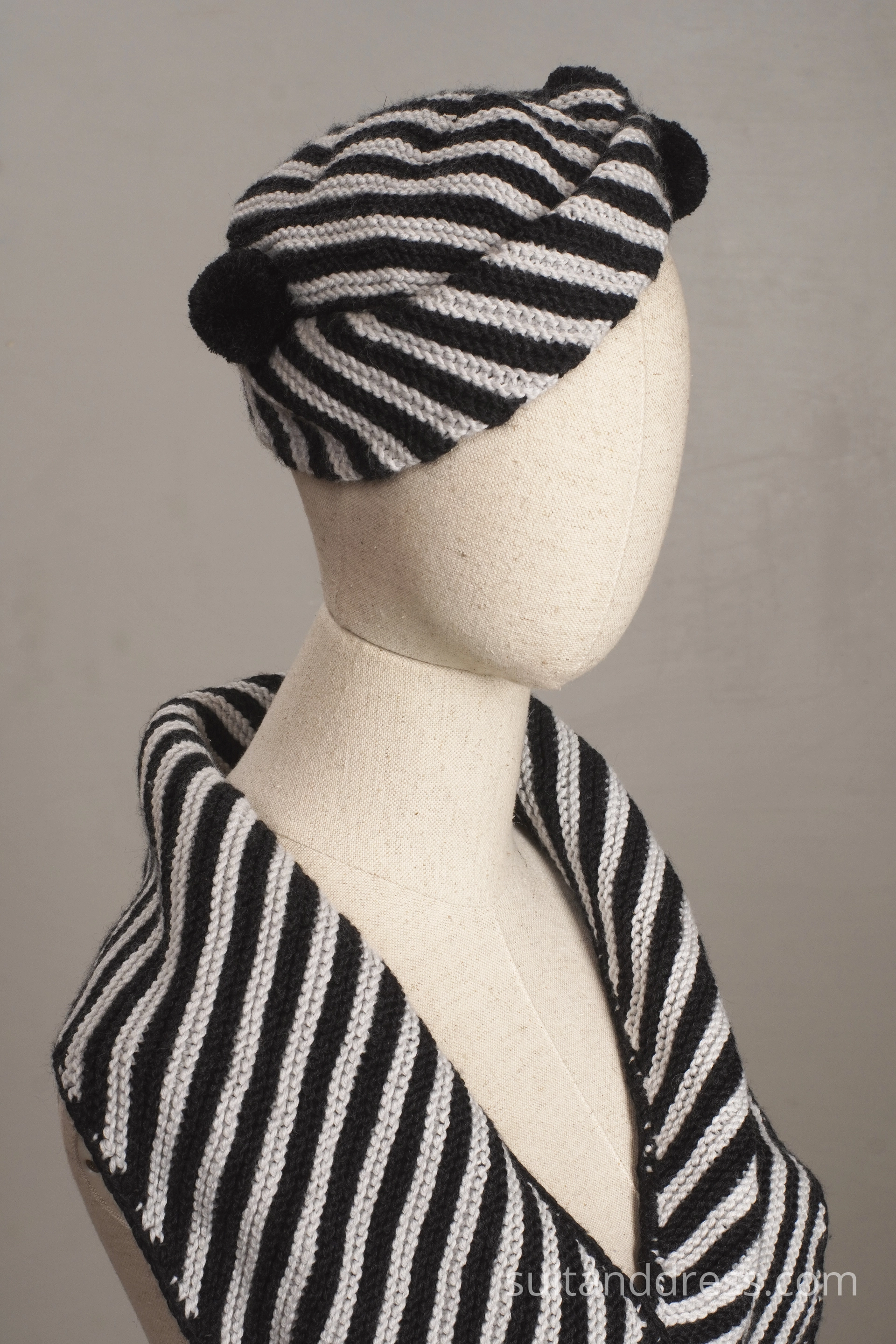 1930s beret scarf set replica black and white 
