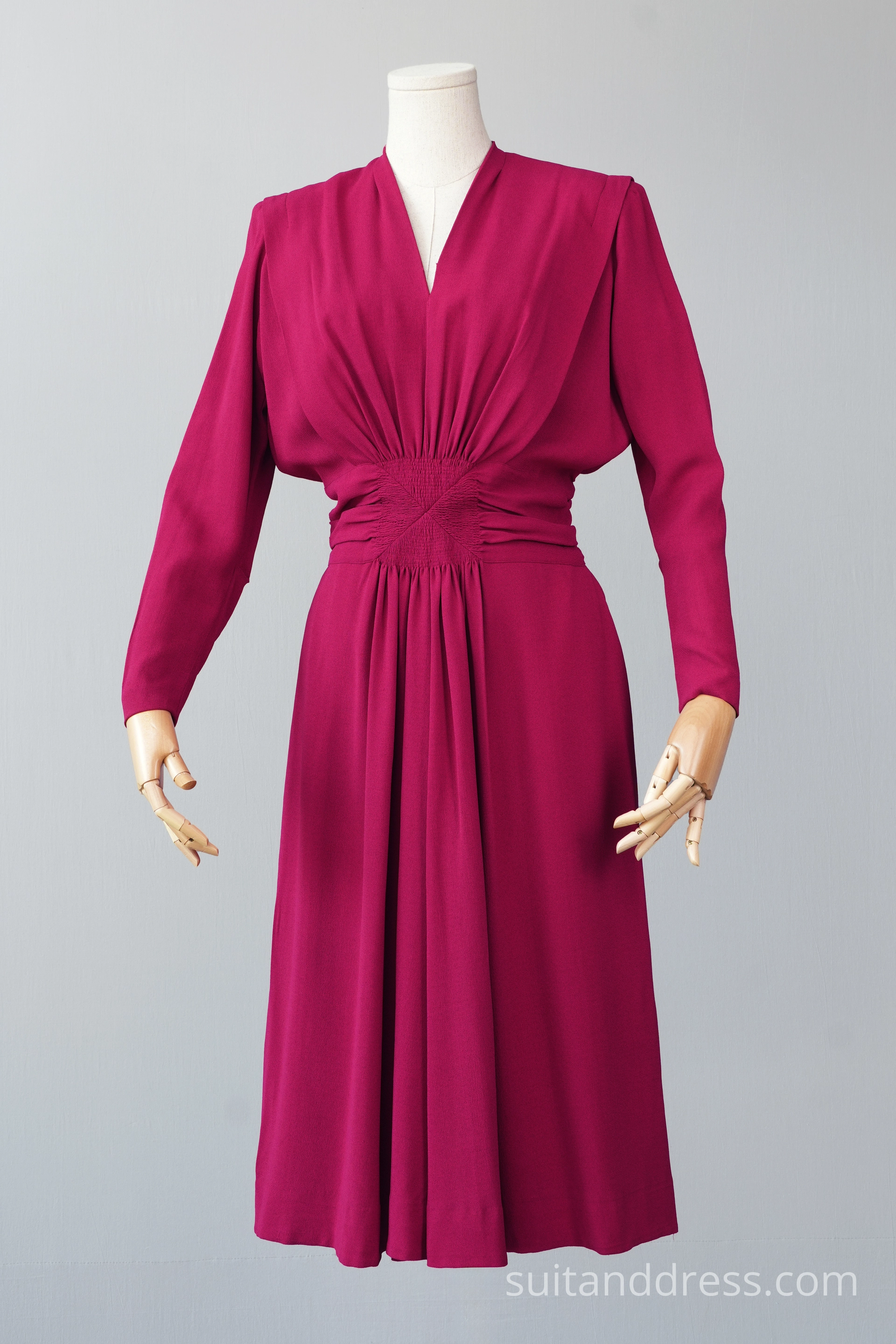 1940s rapsberry crepe day dress padded shoulders vintage period costume hire rent for films in Riga Latvia