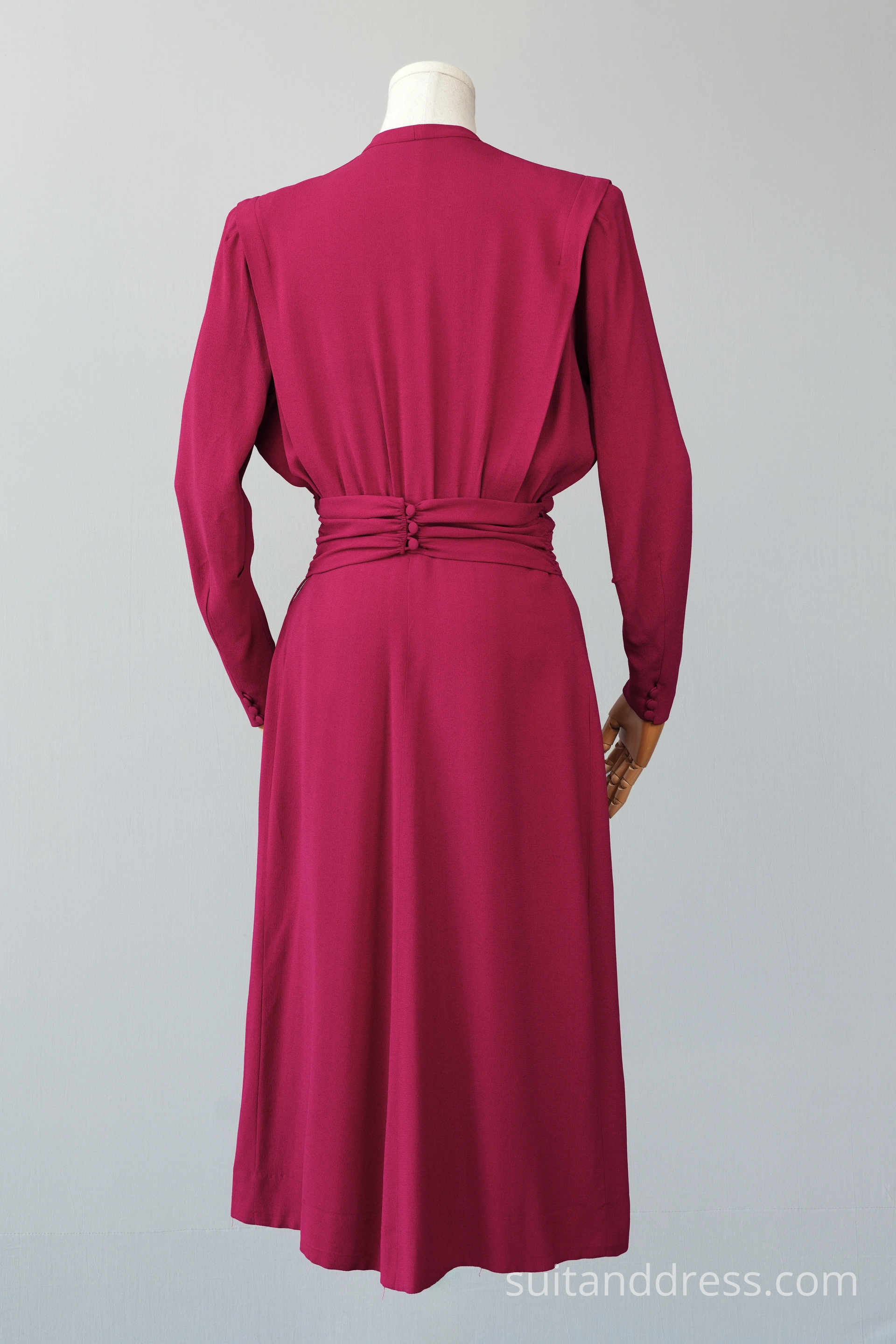 1940s rapsberry crepe day dress padded shoulders vintage period costume hire rent for films in Riga Latvia