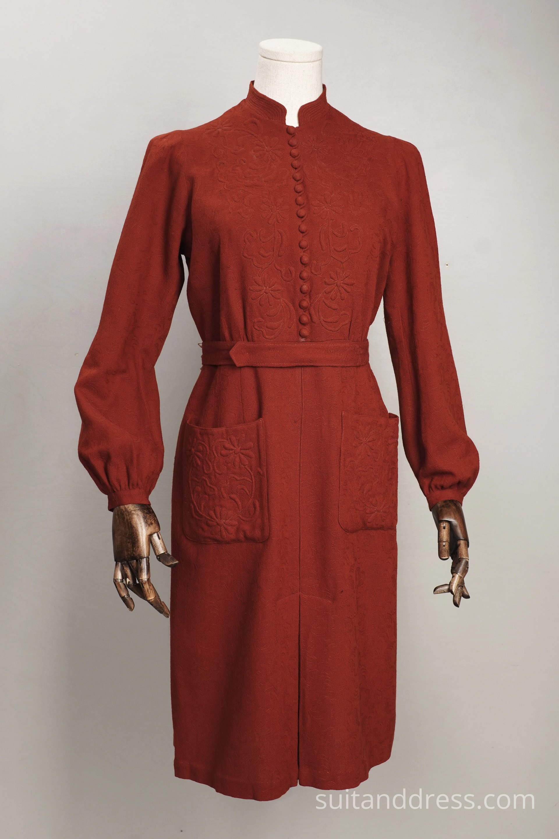 1940s trapunto wool dress in rust