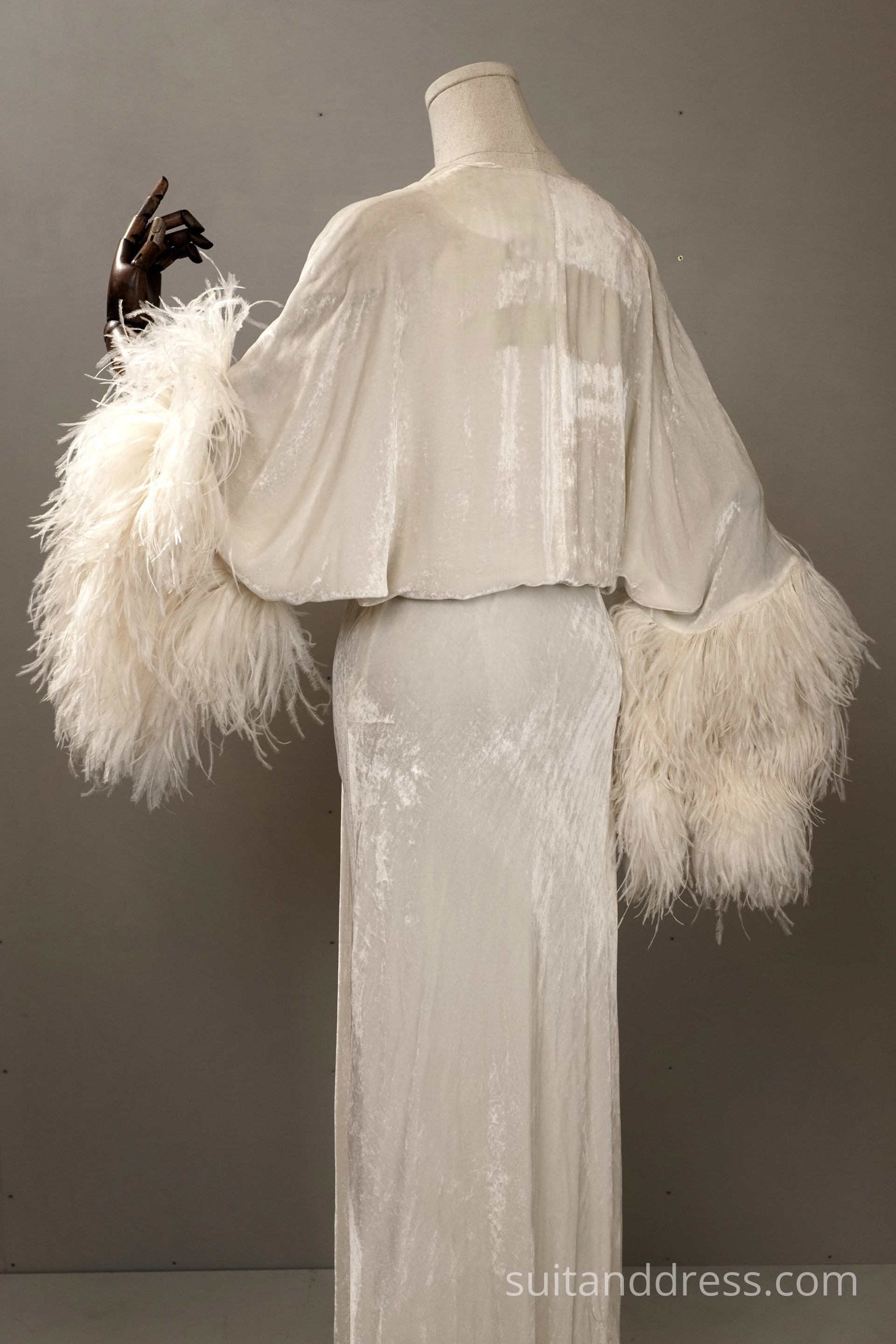 1930s glamorous white velvet feathers dressing gown costume rental