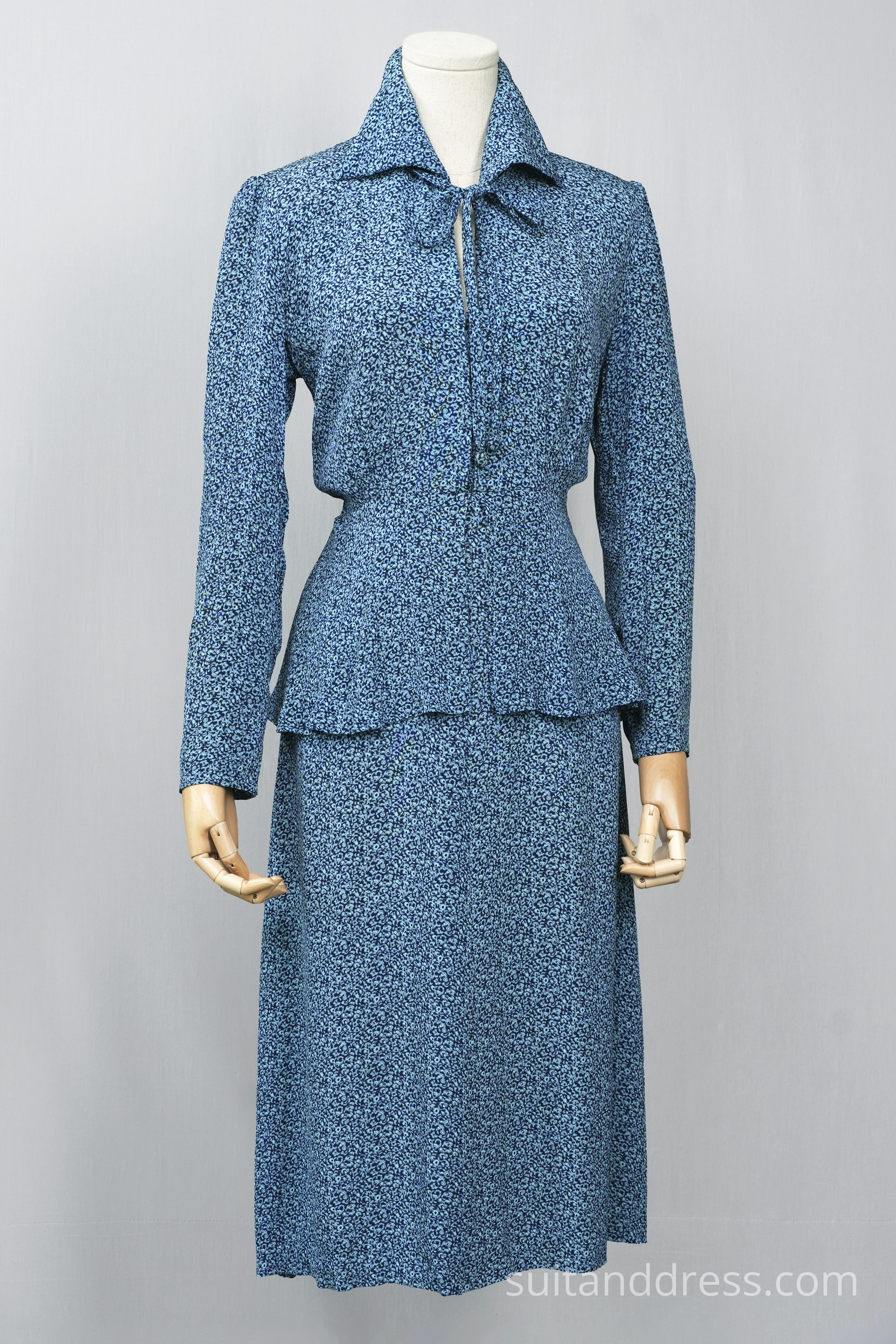 1930s silk day dress printed blue faux two-piece look vintage costume rental hire for films in Riga Latvia