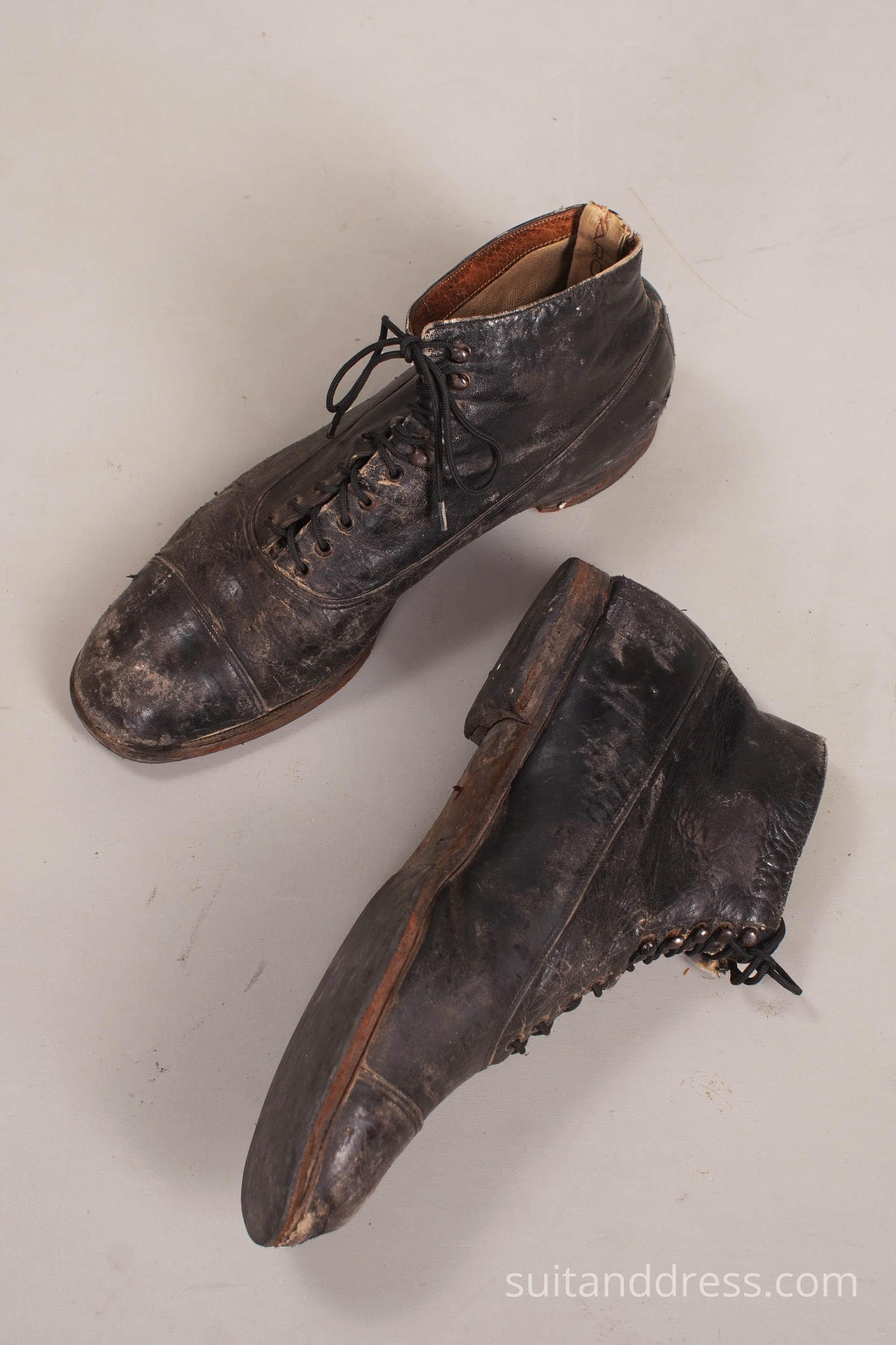 Edwardian ankle boots, worn out distressed 1910s 1920s 1930s 1940s mens fashion historical costume rent in Riga