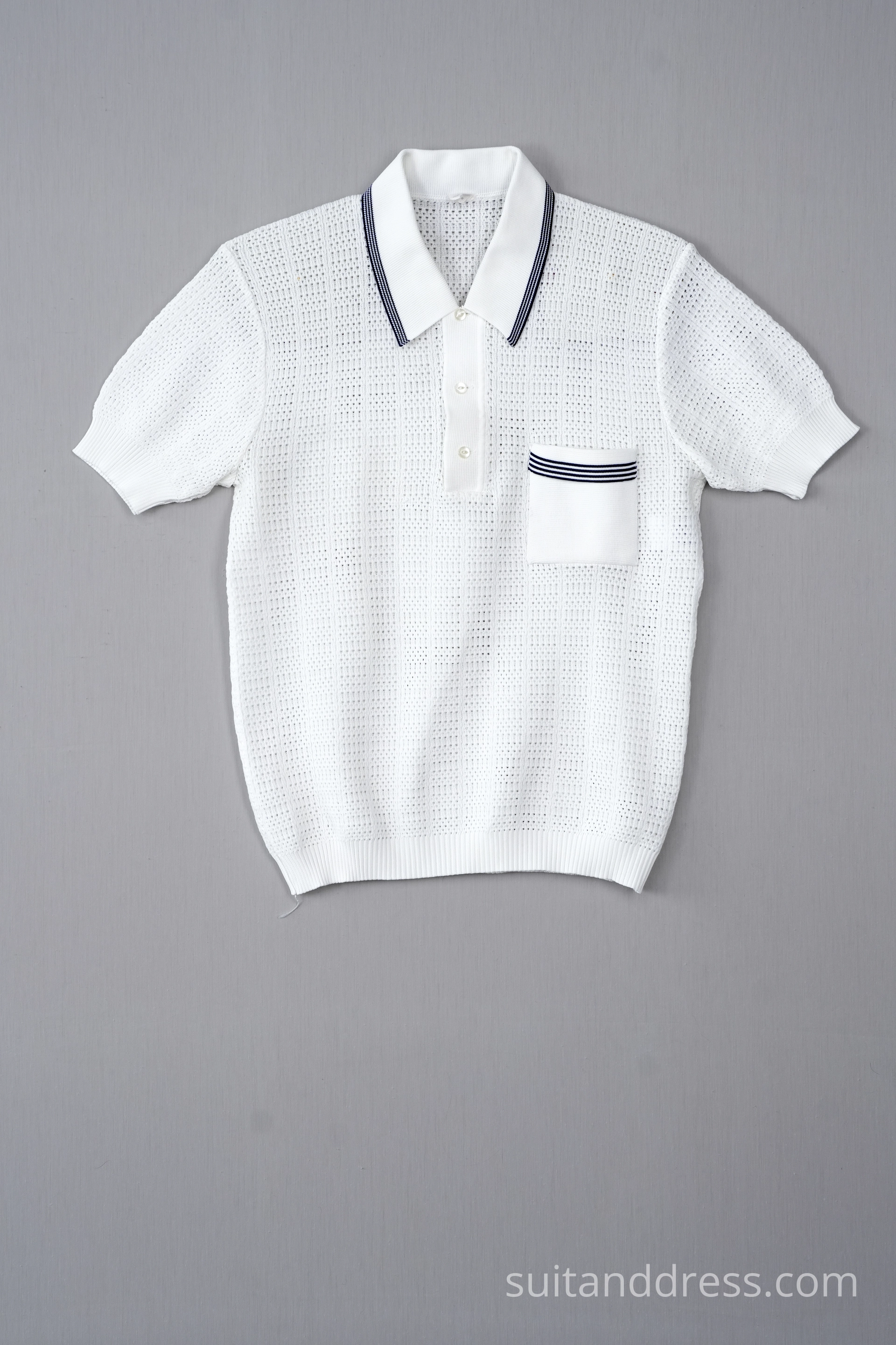 1970s 80s acrilic white mesh polo shirt film costume rental in Riga Latvia
