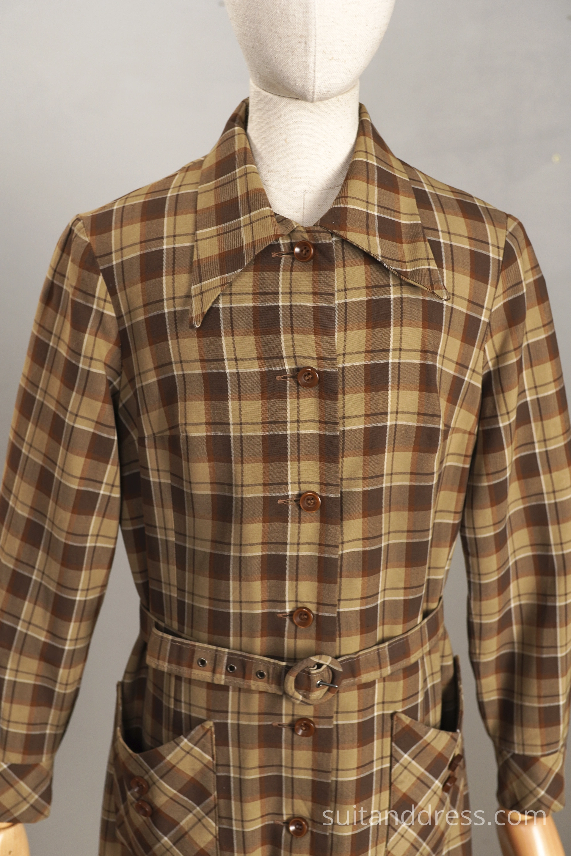 1960s girls trench coat wool blend brown plaid costume rent
