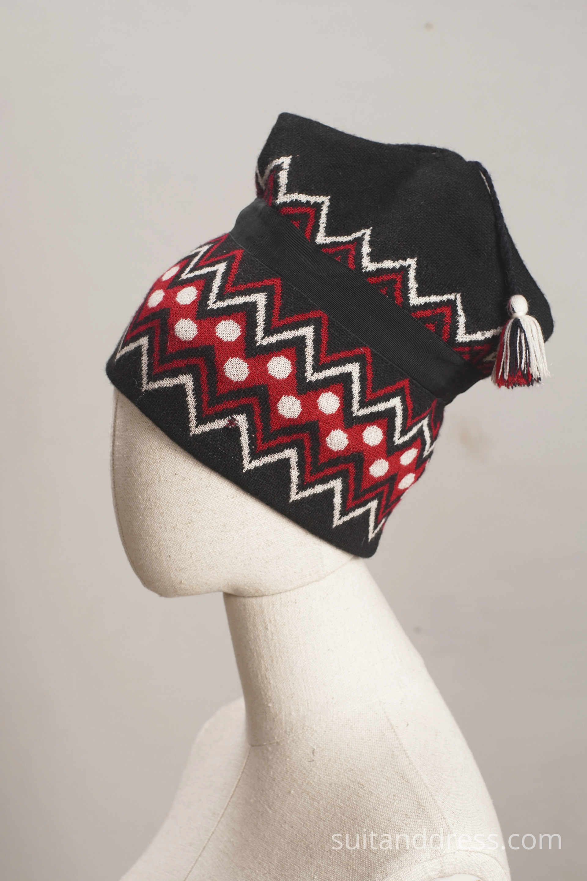 vintage ski hat with tassel, geometric mashineknitting  1980s USSR