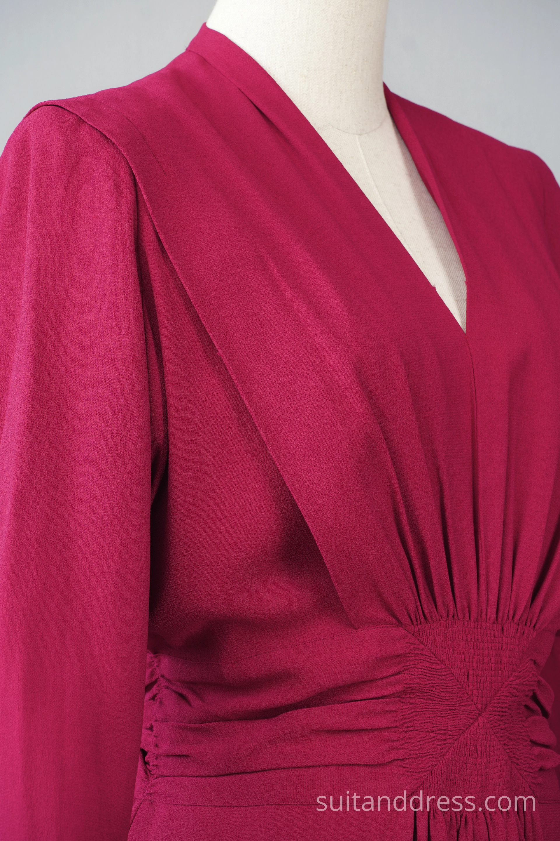 1940s rapsberry crepe day dress padded shoulders vintage period costume hire rent for films in Riga Latvia